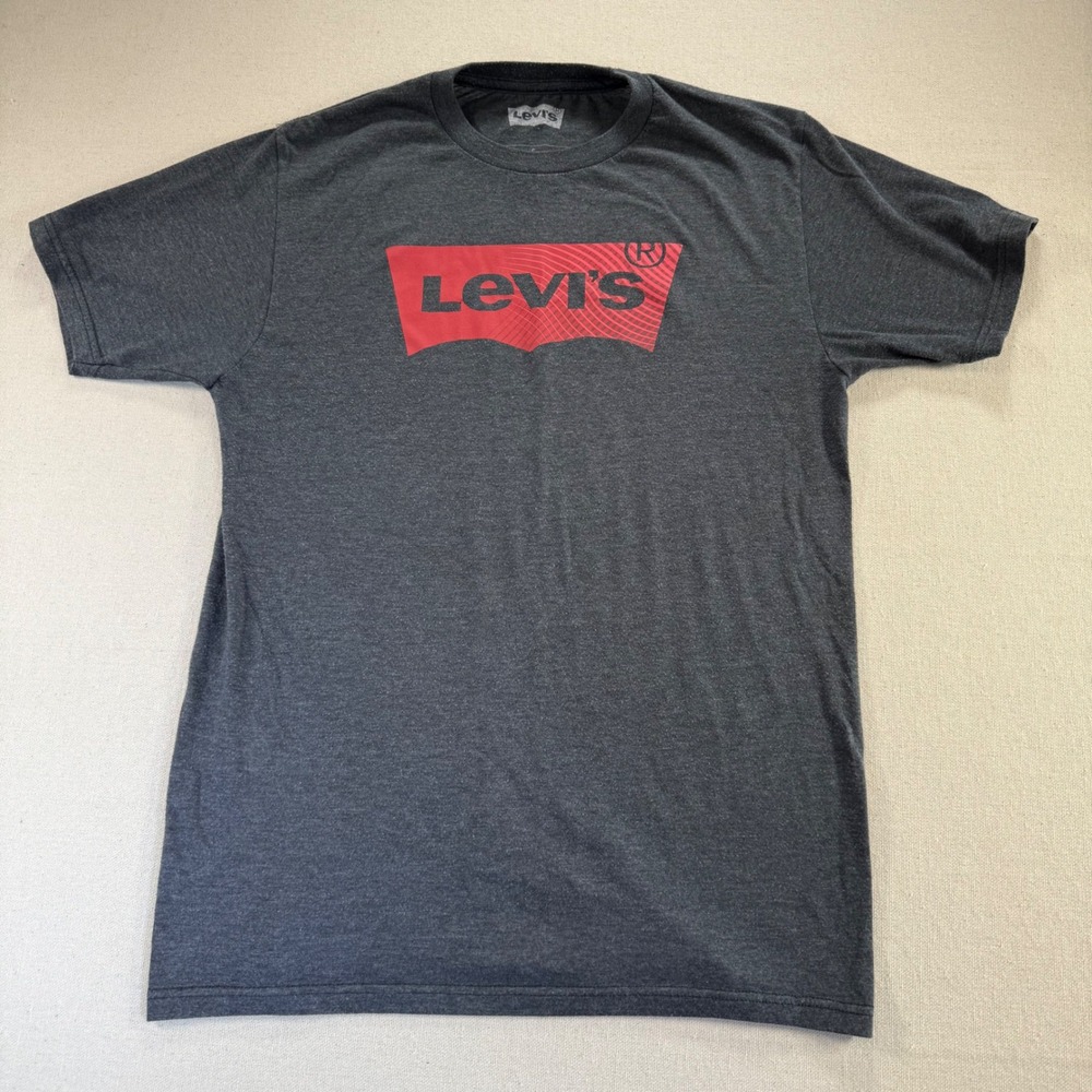 Levis Mens Graphic T-Shirt Charcoal Gray Red Batwing Logo Size S Short Sleeve